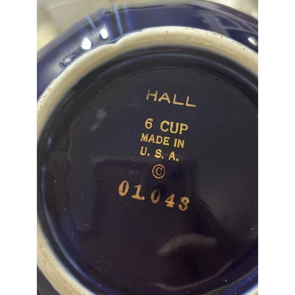 Rare Hall China Cobalt Blue Rhinestone Gold Teapot 6 Cup USA Vintage 01043